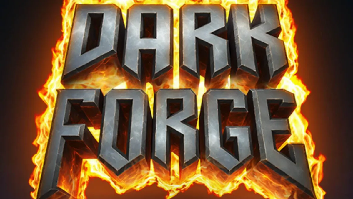 Tampilan visual slot Dark Forge dengan latar belakang bengkel iblis dan gulungan yang terbakar