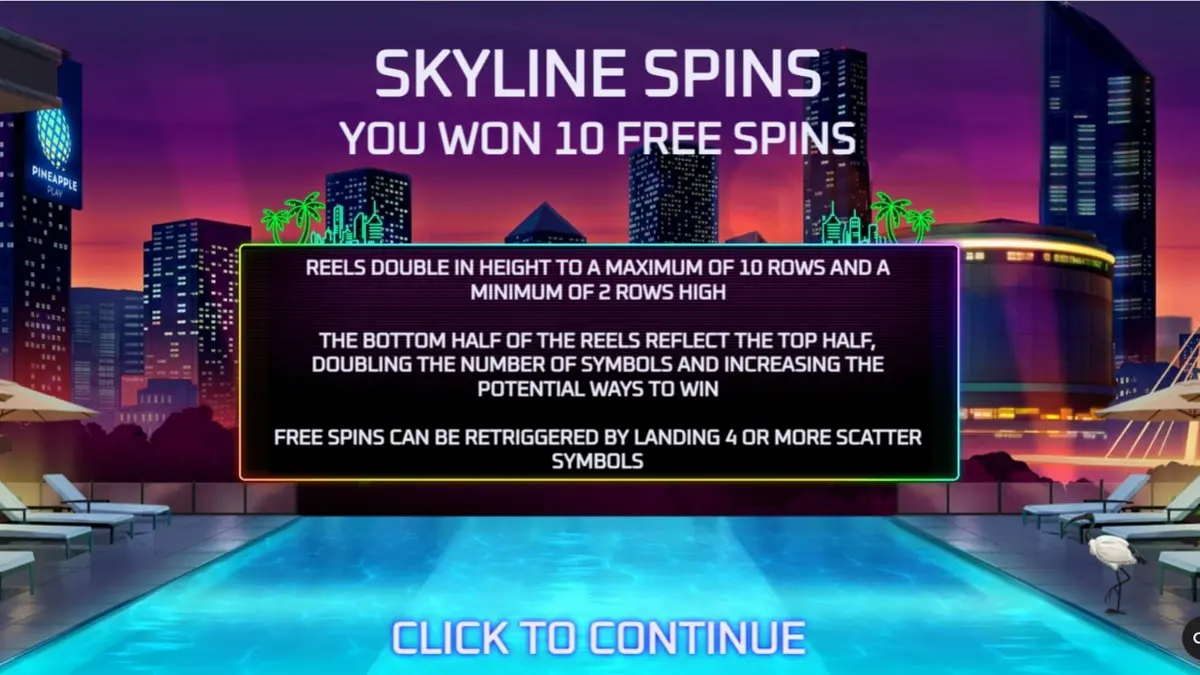 Tampilan visual neon dan mewah dari slot Midnight Mirage dengan latar belakang pemandangan kota malam hari.