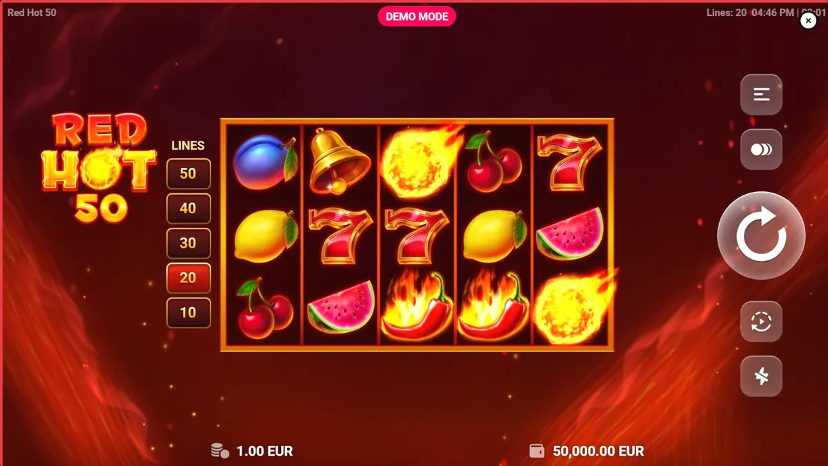 Tampilan visual slot Red Hot 50 dengan simbol buah dan efek api yang membara