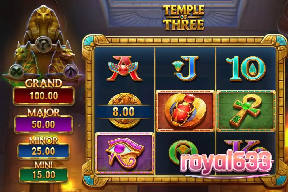 Tampilan visual mesin slot Temple of Three dengan tema Mesir kuno